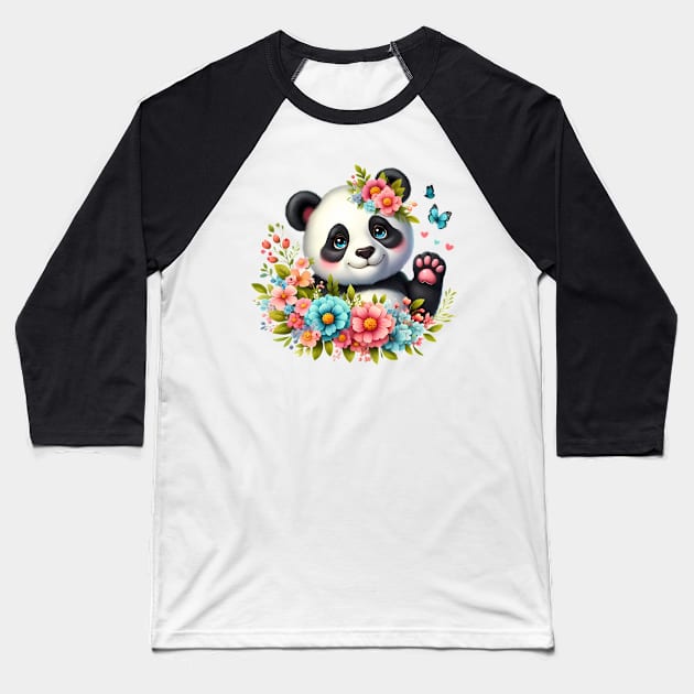 A panda decorated with beautiful colorful flowers. Baseball T-Shirt by CreativeSparkzz